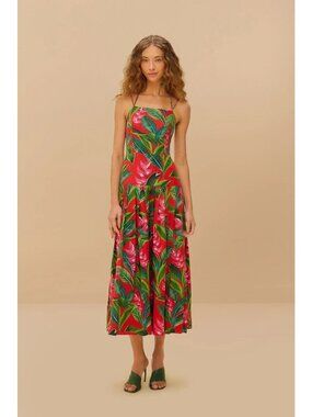 Farm Rio Red dream garden lenzin Ecovero euroflax Maxi dress Size Large NWT $260